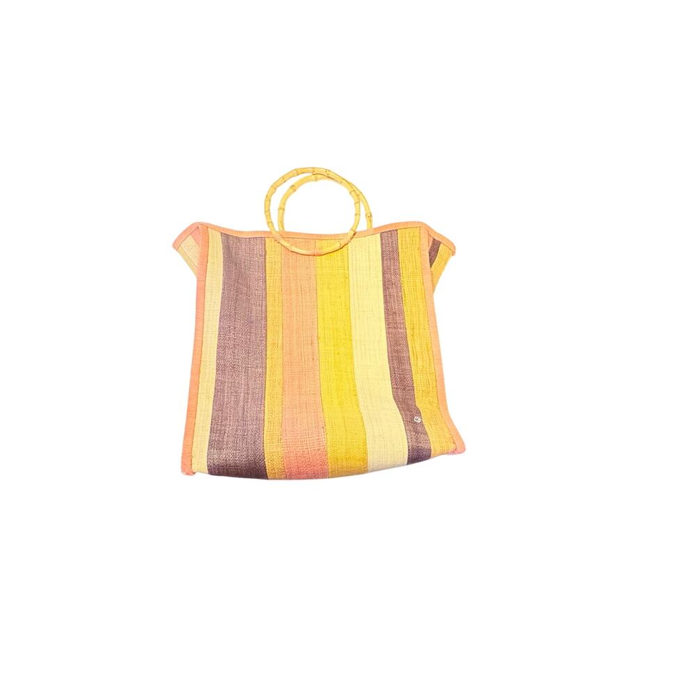 Flora Bella Striped Orange, Yellow & Brown Woven Tote with Bamboo Handles *read* - Picture 7 of 12